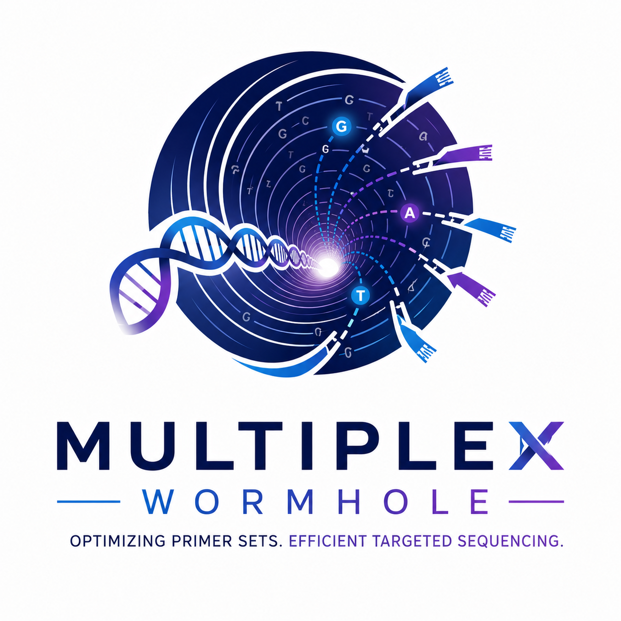 Multiplex wormhole logo with DNA entering black hole